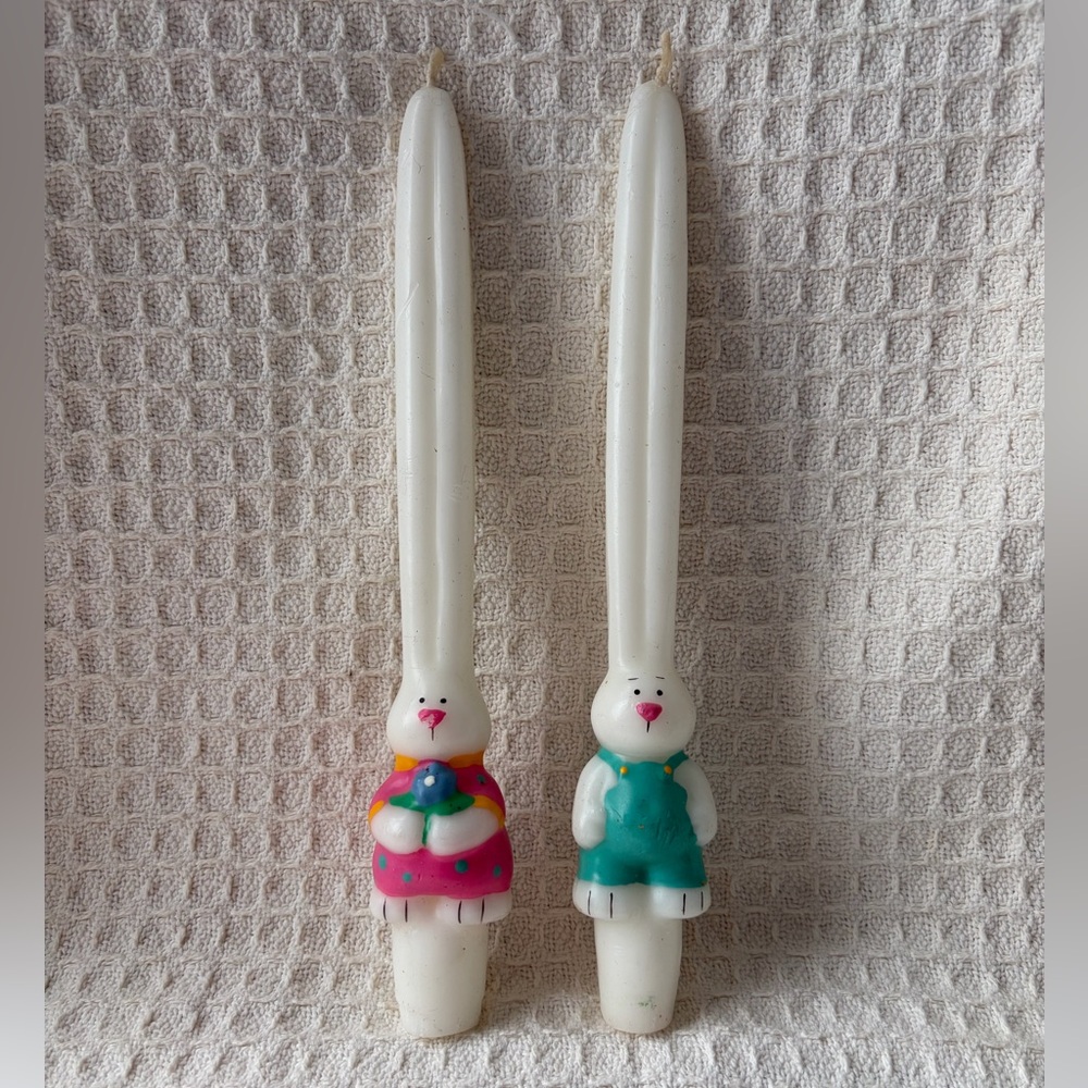 White Boy & Girl Bunny Taper Candles Colorful Outfits & Extra Long Ears